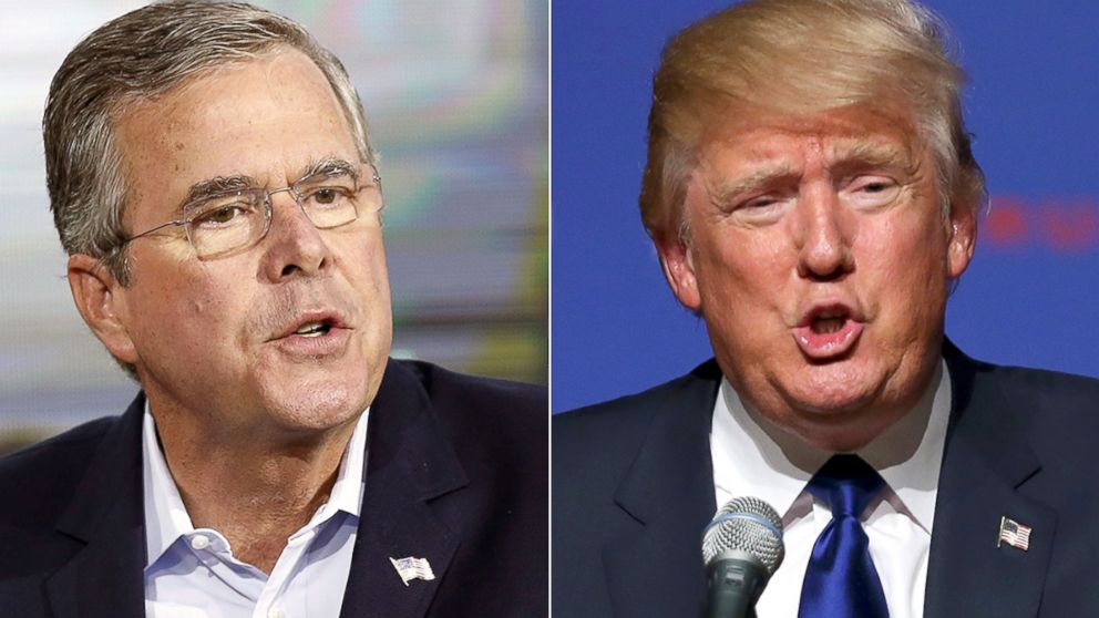 Republican presidential candidate, former Florida Gov. Jeb Bush, left, speaks during an education summit, Aug. 19, 2015, in Londonderry, N.H. Republican presidential candidate businessman Donald Trump speaks in Derry, N.H., Aug. 19, 2015.