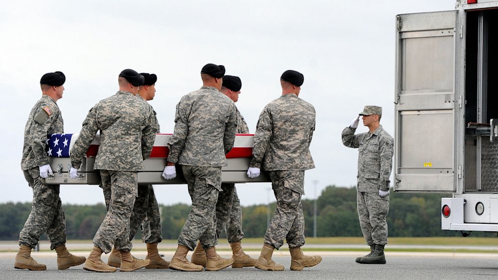 An Army carry team moves a transfer case containing the remains of Pfc. Cody J. Patterson, Oct. 9, 2013, at Dover Air Force Base, Del. 