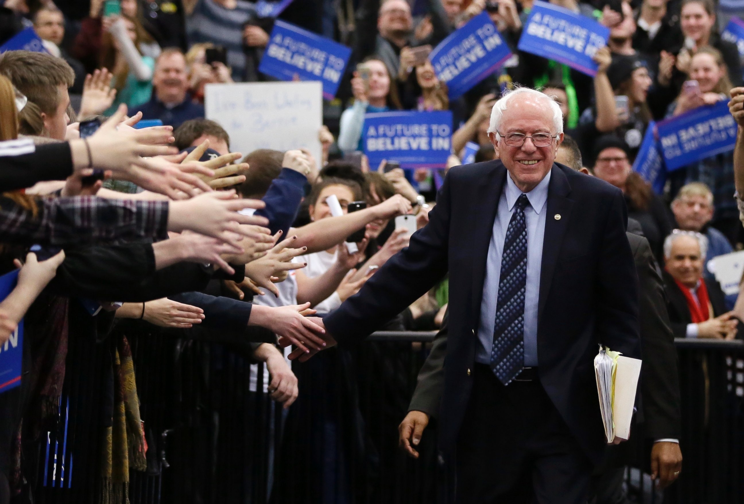 Democratic presidential candidate, Sen. Bernie Sanders, greets supporters before speaking at a rally at the Macomb Community College, March 5, 2016, in Warren, Mich. 