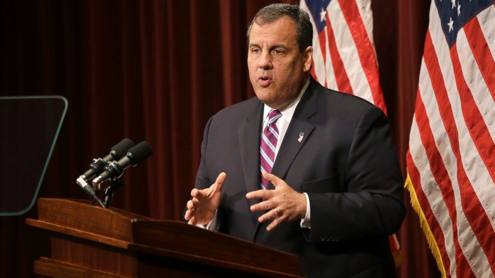 New Jersey Gov. Chris Christie addresses a gathering at Burlington County College, May 28, 2015, in Pemberton, N.J.