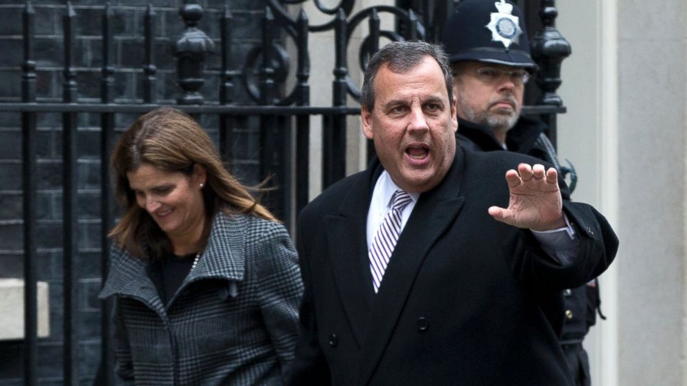 New Jersey Gov. Chris Christie, with his wife Mary Pat arrive in Downing street for lunch with Britain's Chancellor of the Exchequer George Osborne in London, Tuesday, Feb. 3, 2015. 