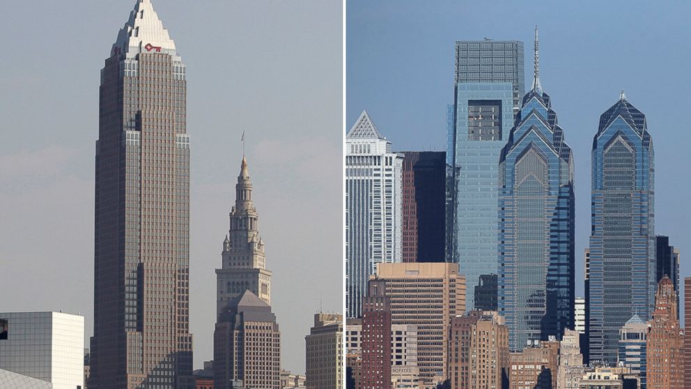 The Cleveland skyline, July 7, 2010, left, and the Philadelphia skyline, Nov. 15, 2015.  