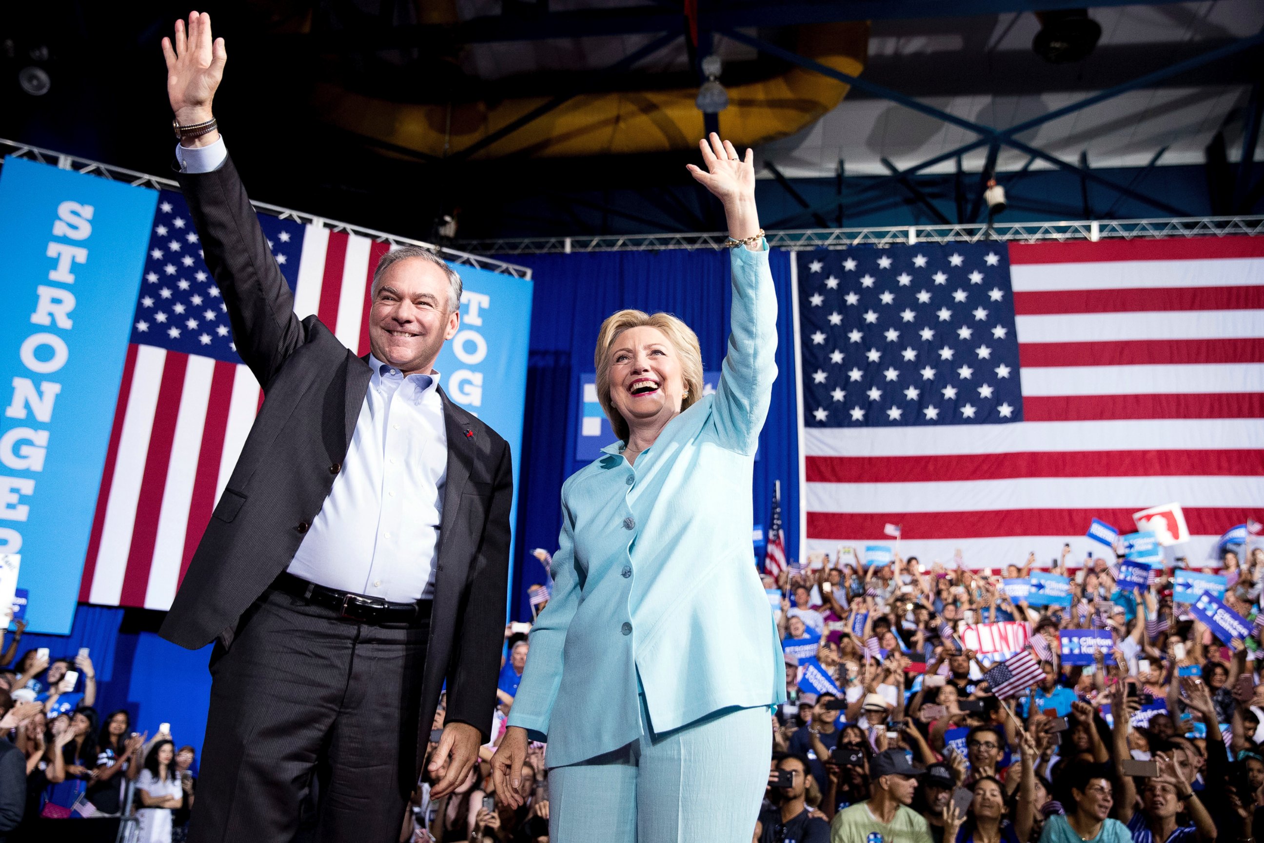 PHOTO: Democratic presidential candidate Hillary Clinton and Sen. Tim Kaine arrive at a rally at Florida International University Panther Arena in Miami, July 23, 2016. Clinton has chosen Kaine to be her running mate. 