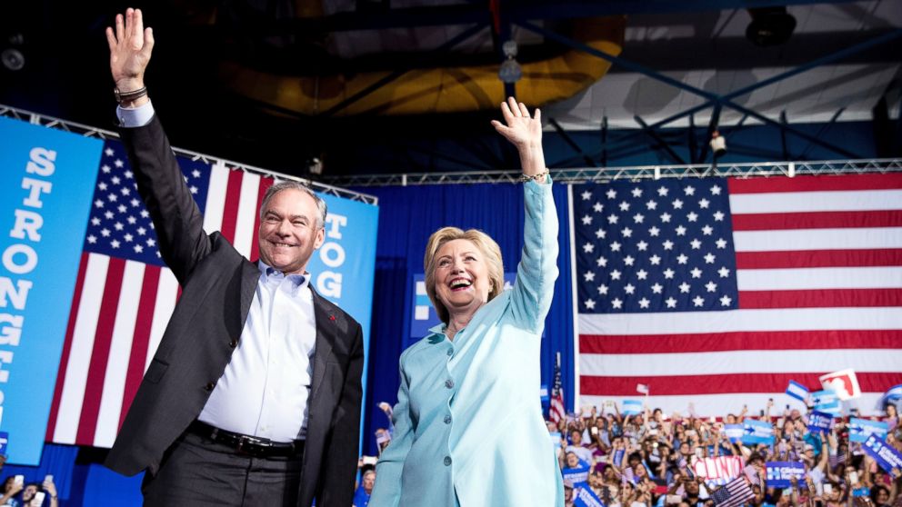 PHOTO: Democratic presidential candidate Hillary Clinton and Sen. Tim Kaine arrive at a rally at Florida International University Panther Arena in Miami, July 23, 2016. Clinton has chosen Kaine to be her running mate. 