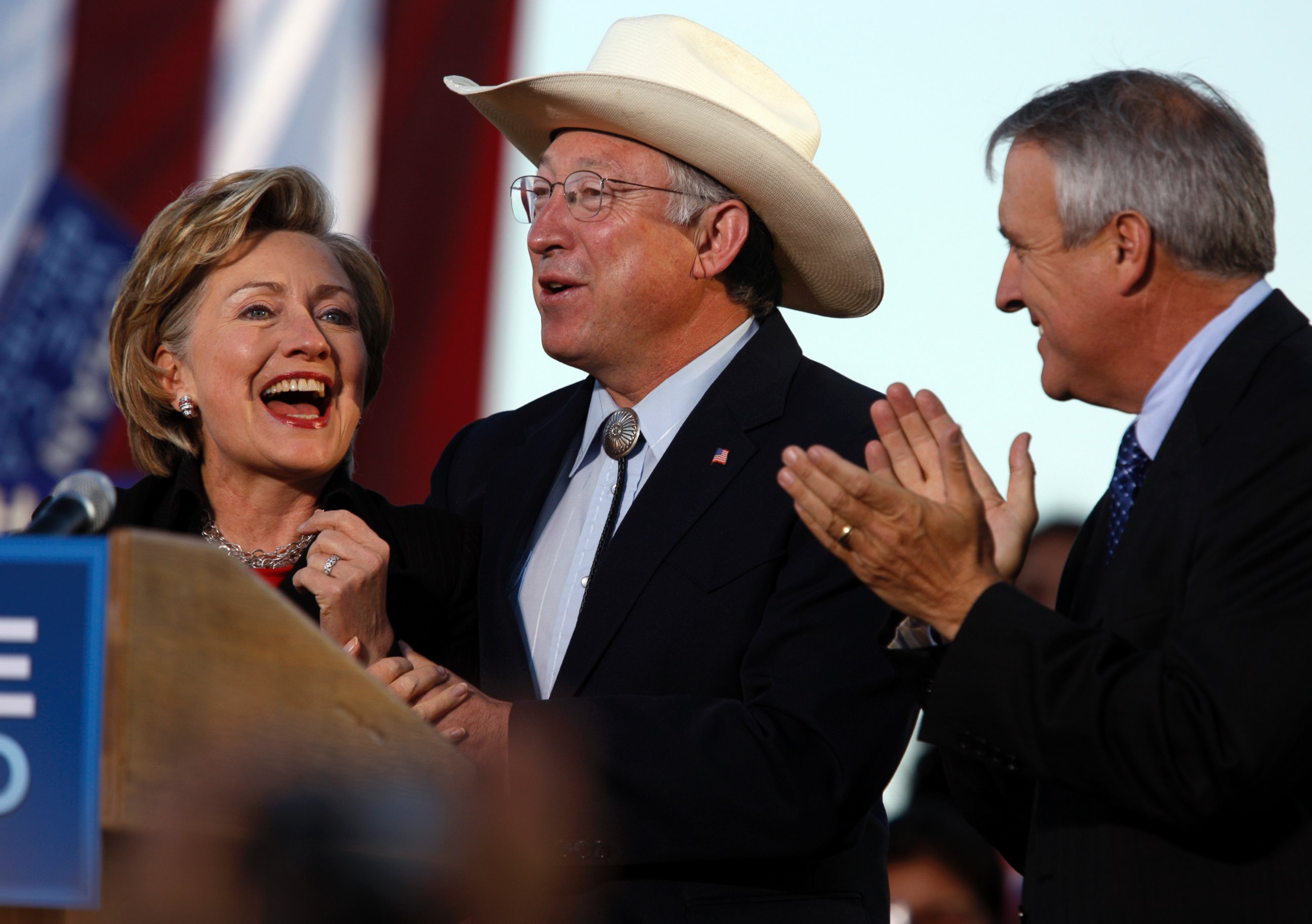 PHOTO: Hillary Rodham Clinton is introduced by Sen. Ken Salazar, D-Colo., center, and Colorado Gov. Bill Ritter before Clinton speaks in the east Denver suburb of Aurora, Colorado, Oct. 24, 2008. 