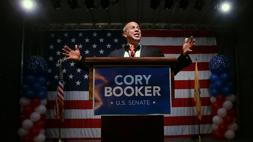 Cory Booker addresses a gathering after winning the Democratic primary election for the seat vacated by the late U.S. Sen. Frank Lautenberg, Aug. 13, 2013, in Newark, N.J. 