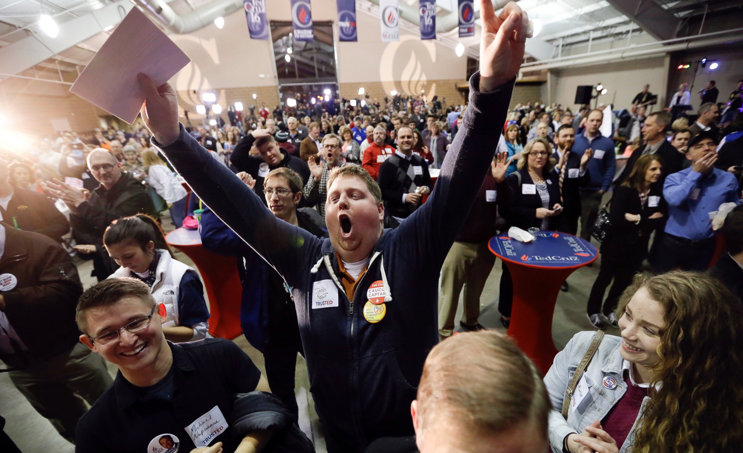 PHOTO: Josh Kent celebrates at the caucus night rally for Republican presidential candidate, Sen. Ted Cruz, Feb. 1, 2016, in Des Moines, Iowa.