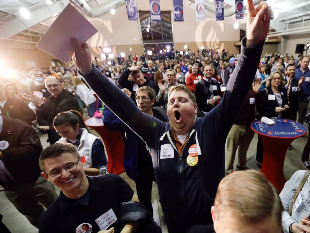 PHOTO: Josh Kent celebrates at the caucus night rally for Republican presidential candidate, Sen. Ted Cruz, Feb. 1, 2016, in Des Moines, Iowa.