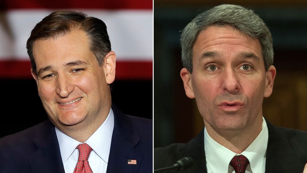 Sen. Ted Cruz in Indianapolis, April 27, 2016; former Virginia Attorney General Ken Cuccinelli in Washington, Jan. 20, 2016. 