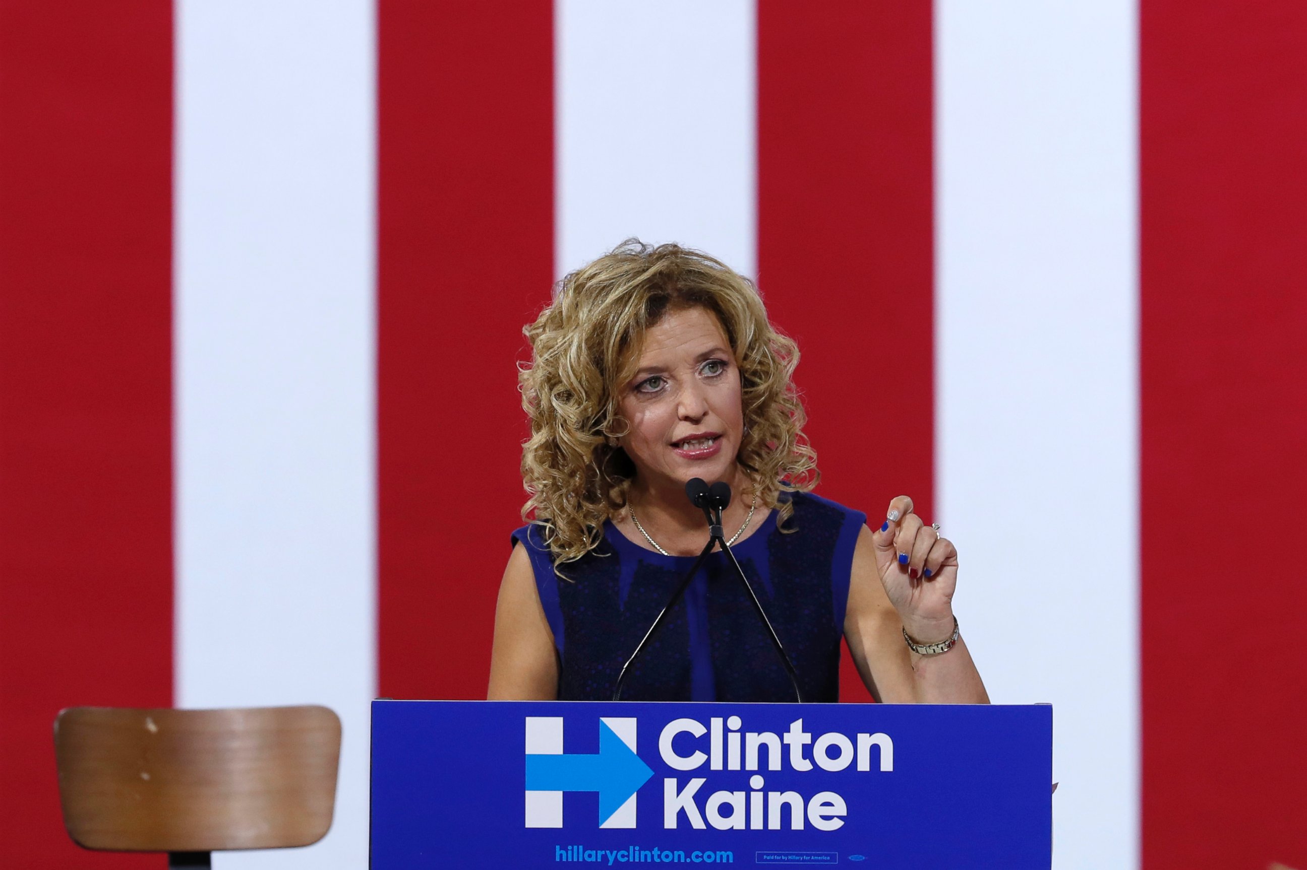 PHOTO: DNC Chairwoman, Debbie Wasserman Schultz speaks during a campaign event for Democratic presidential candidate Hillary Clinton, July 23, 2016, in Miami.