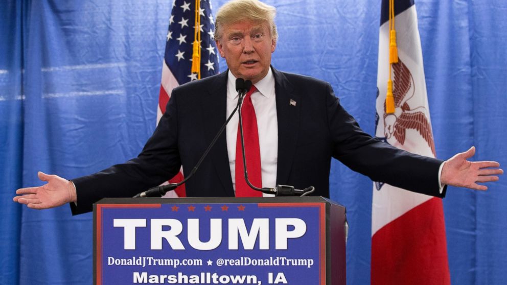 Republican presidential candidate Donald speaks to reporters during a new conference at the Roundhouse Gymnasium, Jan. 26, 2016, in Marshalltown, Iowa.  