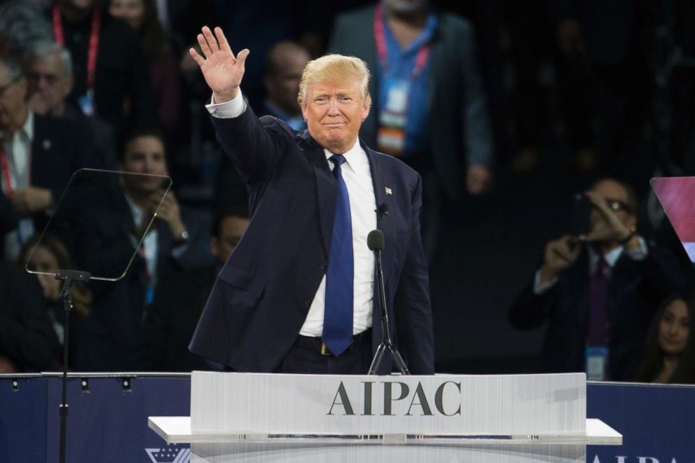 PHOTO: Republican presidential candidate Donald Trump waves after giving a speech at the 2016 American Israel Public Affairs Committee (AIPAC) Policy Conference at the Verizon Center, March 21, 2016, in Washington. 