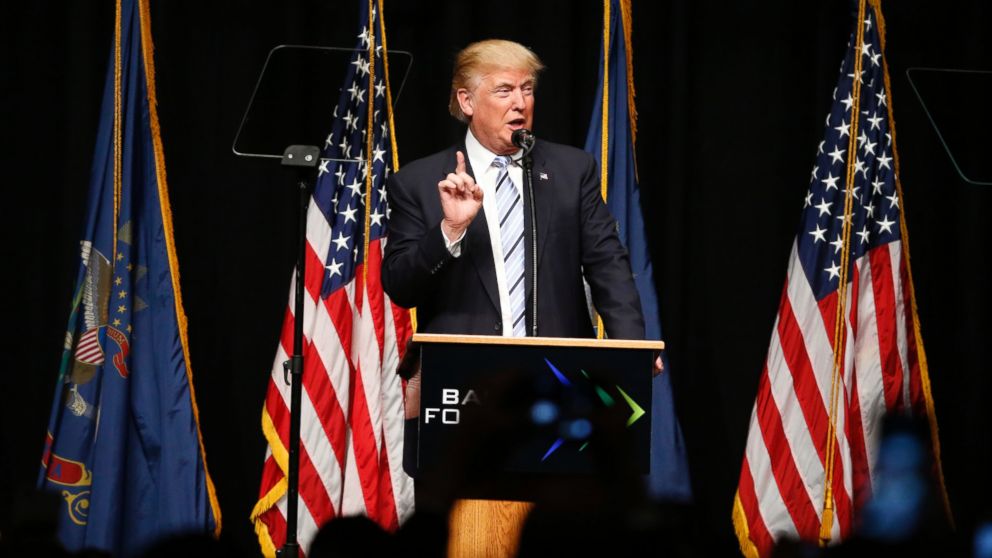 PHOTO: Republican presidential candidate Donald Trump speaks at the Williston Basin Petroleum Conference, May 26, 2016, in Bismarck, N.D. 