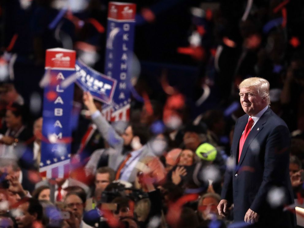 PHOTO: Confetti and balloons fall during celebrations after Republican presidential candidate Donald Trumps acceptance speech on the final day of the Republican National Convention in Cleveland, July 21, 2016.