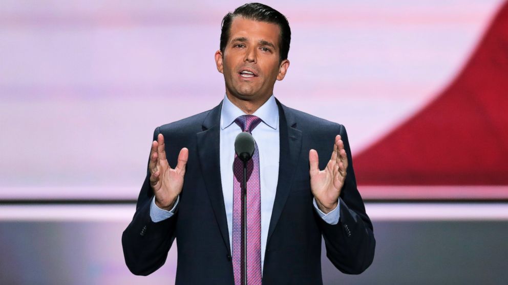 Donald Trump Jr., son of Republican presidential candidate Donald Trump, speaks at the Republican National Convention in Cleveland, July 19, 2016. 
