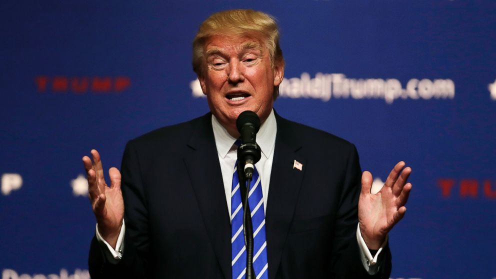 Republican presidential candidate Donald Trump addresses a GOP fundraising event, Aug. 11, 2015, in Birch Run, Mich. 