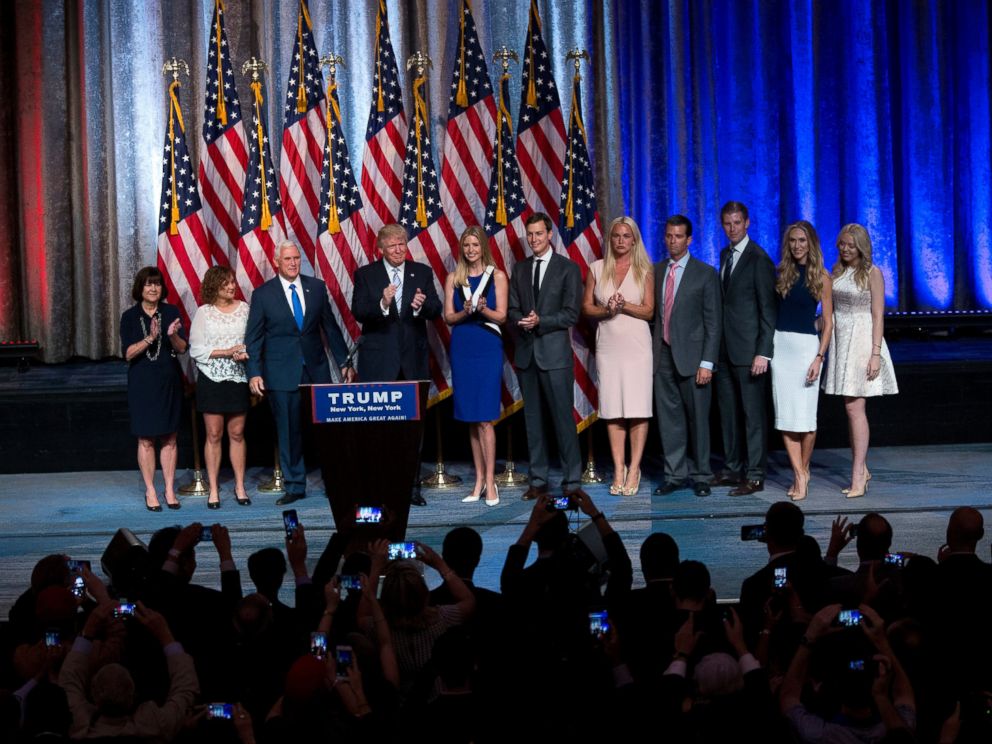 PHOTO: Republican presidential candidate Donald Trump and Gov. Mike Pence, third from left, are joined by their families on stage during a campaign event to announce Pence as the vice presidential running mate, July 16, 2016, in New York.  