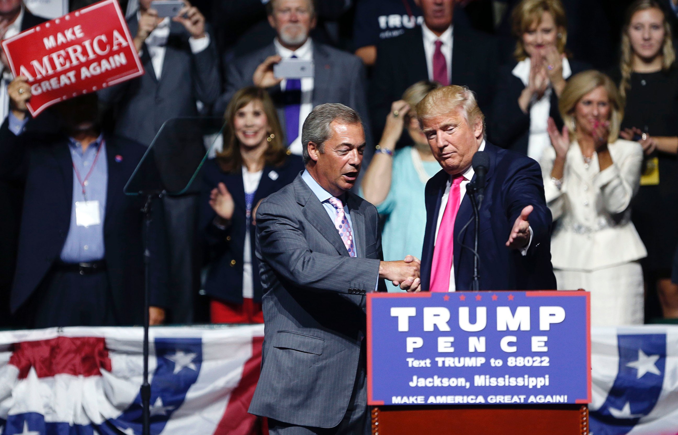 PHOTO: Republican presidential candidate Donald Trump welcomes Nigel Farage, ex-leader of the British UKIP party, to speak at a campaign rally in Jackson, Mississippi, Aug. 24, 2016. 