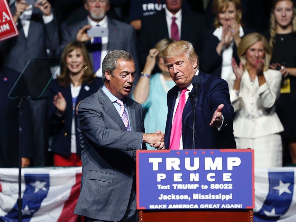 PHOTO: Republican presidential candidate Donald Trump welcomes Nigel Farage, ex-leader of the British UKIP party, to speak at a campaign rally in Jackson, Mississippi, Aug. 24, 2016.