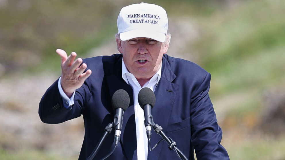 The presumptive Republican presidential nominee Donald Trump makes a speech at his revamped Trump Turnberry golf course in Turnberry Scotland, June 24, 2016.