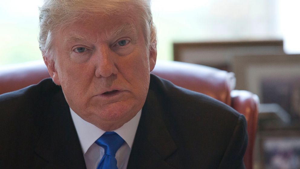 Republican presidential candidate Donald Trump speaks during an interview with The Associated Press in his office at Trump Tower in New York, May 10, 2016. 