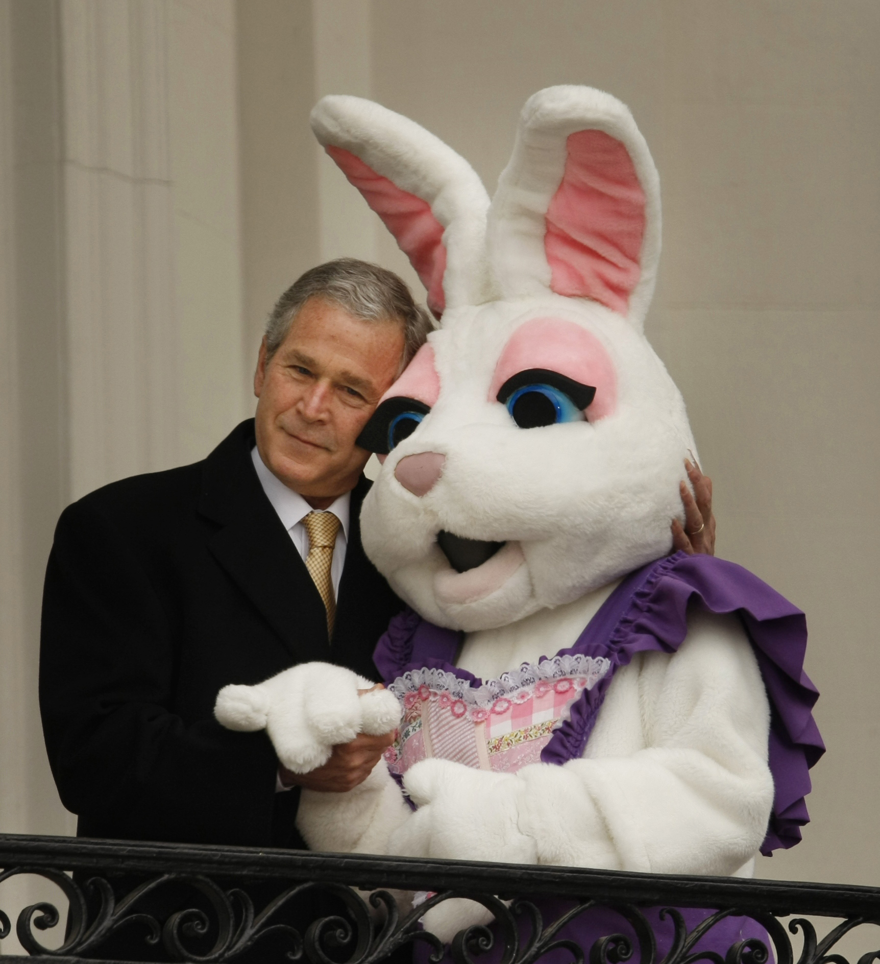 PHOTO: President Bush hugs a person dressed as the Easter bunny at the start of the annual Easter Egg Roll, March 24, 2008, overlooking the South Lawn of the White House in Washington. 