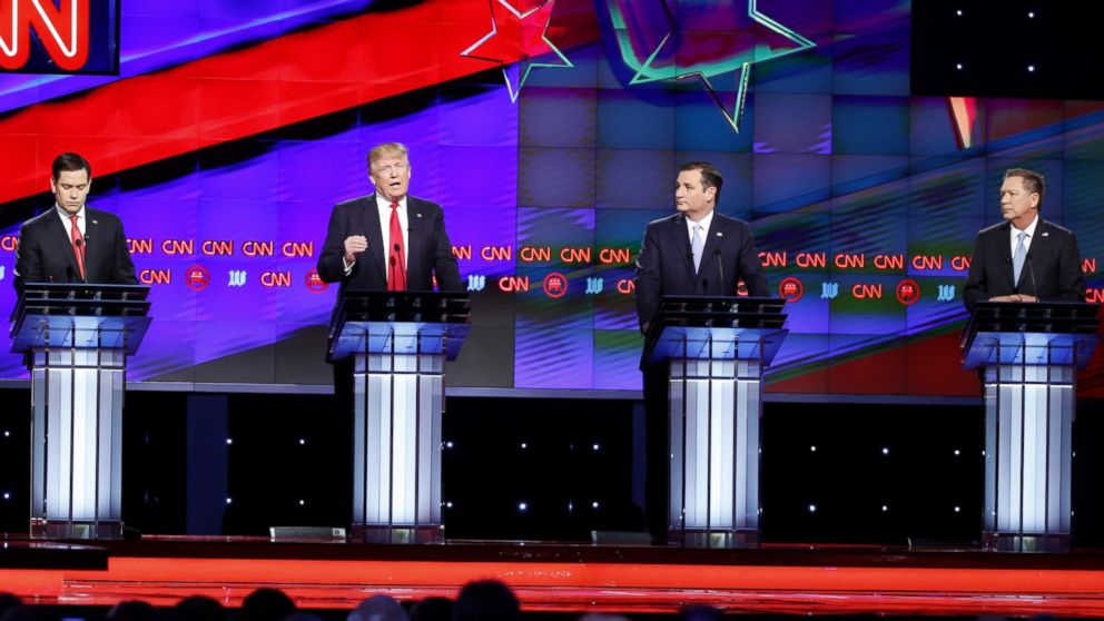 Republican presidential candidates, Sen. Marco Rubio, Donald Trump, Sen. Ted Cruz and Ohio Gov. John Kasich at the Republican presidential debate at the University of Miami, March 10, 2016, in Coral Gables, Fla.