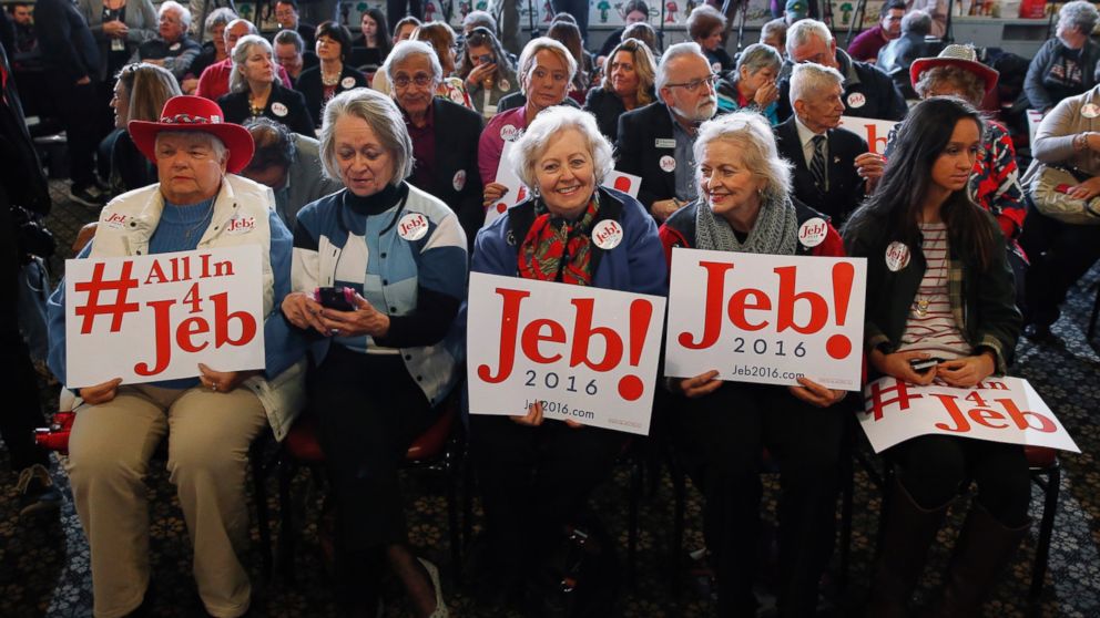 PHOTO: Supporters of Republican presidential candidate, former Florida Gov. Jed Bush, hold signs at a campaign stop at Wade's Restaurant in Spartanburg, S.C., Feb. 19, 2016.