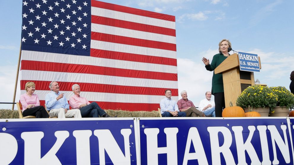 Former Secretary of State Hillary Rodham Clinton speaks during U.S. Sen. Tom Harkin's annual fundraising Steak Fry, Sept. 14, 2014, in Indianola, Iowa. 