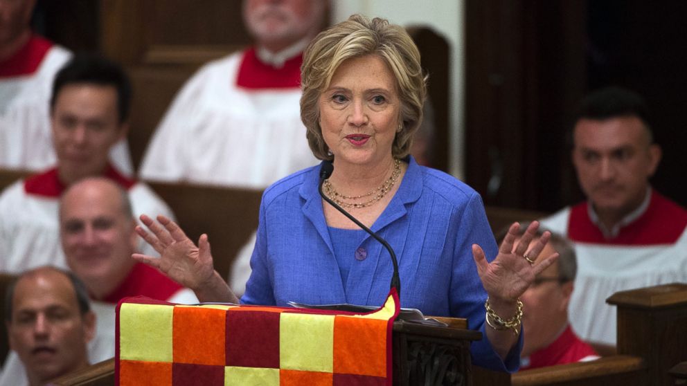 Democratic presidential candidate Hillary Rodham Clinton speaks while attending the Foundry United Methodist Church for their Bicentennial Homecoming Celebration, in Washington, Sept. 13, 2015. 