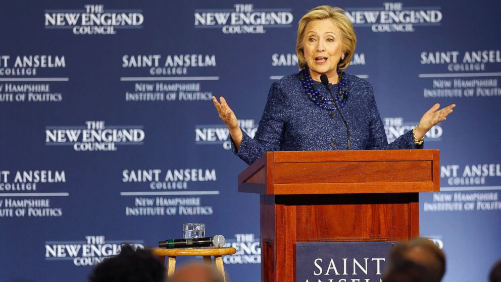 Democratic presidential candidate Hillary Rodham Clinton speaks during a campaign stop at the New Hampshire Institute of Politics at Saint Anselm College, Oct. 28, 2015, in Manchester, N.H. 