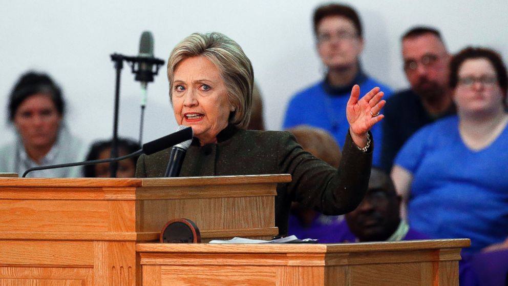 PHOTO: Democratic presidential candidate Hillary Clinton speaks at the House Of Prayer Missionary Baptist Church, Feb. 7, 2016 in Flint, Mich. 