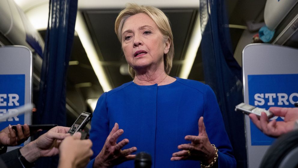 Democratic presidential candidate Hillary Clinton gives remarks on the explosion in Manhattan's Chelsea neighborhood onboard her campaign plane at Westchester County Airport, in White Plains, N.Y., Sept. 17, 2016.