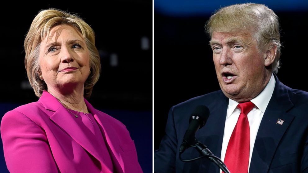 Republican presidential candidate Donald Trump speaks during the opening session of the Western Conservative Summit in Denver, July 1, 2016; Democratic presidential candidate Hillary Clinton in Charlotte, North Carolina, July 5, 2016. 