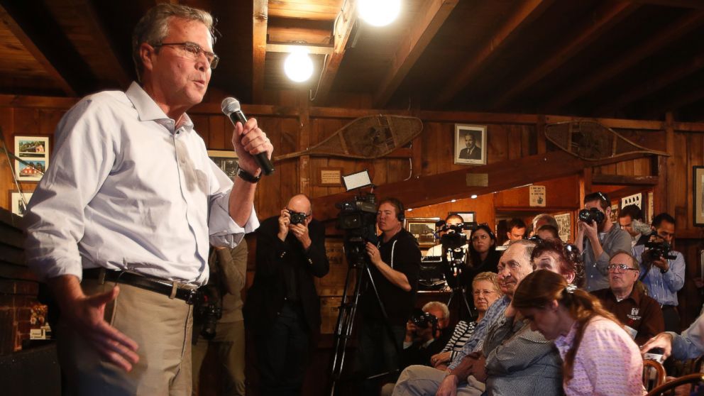 Former Florida Gov. Jeb Bush speaks to a group at a Politics and Pie at the Snow Shoe Club Thursday, April 16, 2015, in Concord, N.H.