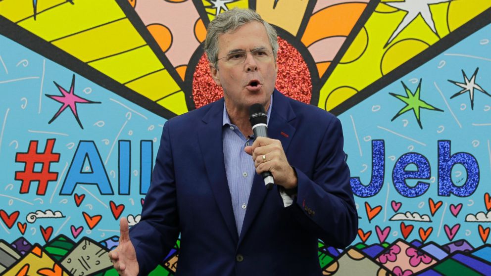 Republican presidential candidate former Florida Gov. Jeb Bush talks to supporters during an event at Art Basel where a painting was unveiled by Miami artist Romero Britto, Dec. 5, 2015, in Miami, Fla. 