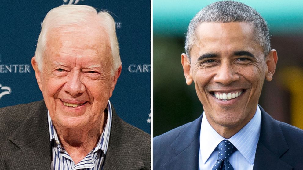 PHOTO:Left, former President Jimmy Carter after blowing out candles on a birthday cake as wife Rosalynn looks on during his 90th birthday celebration on Oct. 1, 2014, in Atlanta; right, President Barack Obama smiles as he walks from the Oval Office. 