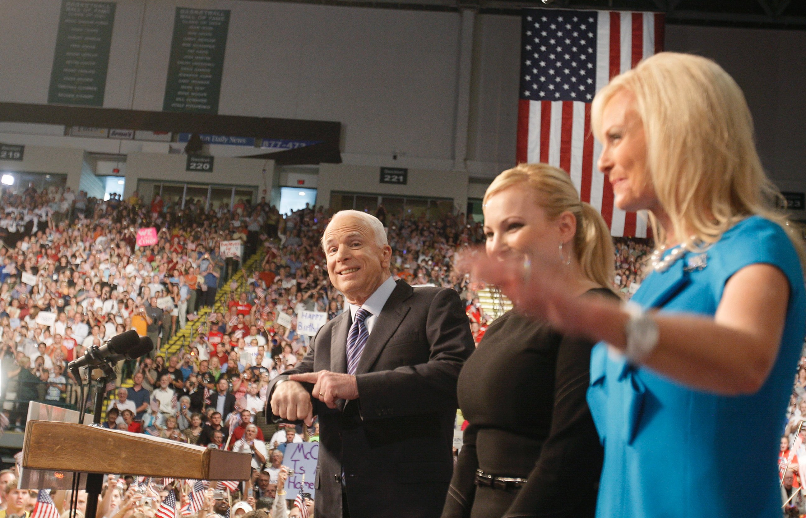 PHOTO: Republican presidential nominee Sen. John McCain stands next to his daughter Megan, center, and wife Cindy before introducing his vice presidential running mate, Alaska Gov. Sarah Palin, at a campaign rally in Dayton, Ohio, Aug. 29, 2008. 