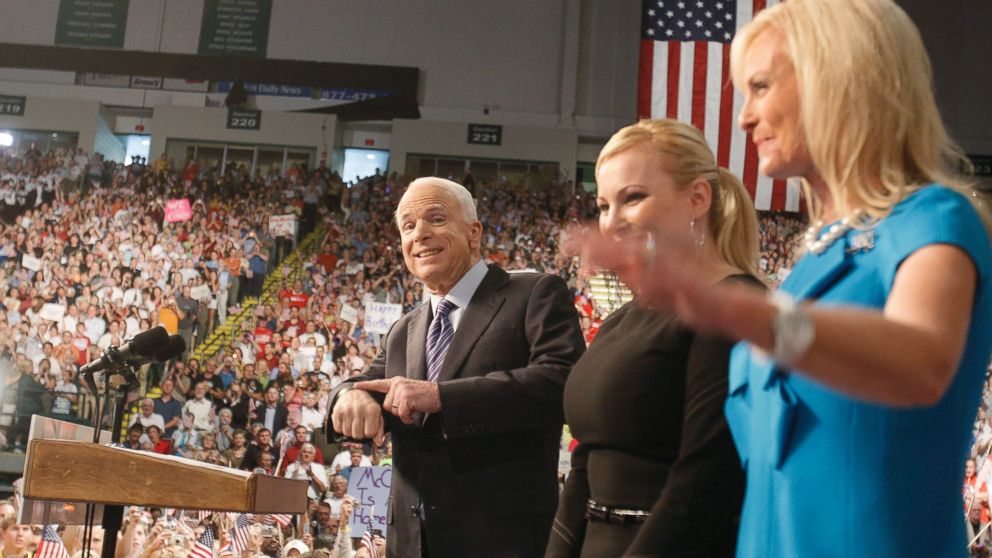 PHOTO: Republican presidential nominee Sen. John McCain stands next to his daughter Megan, center, and wife Cindy before introducing his vice presidential running mate, Alaska Gov. Sarah Palin, at a campaign rally in Dayton, Ohio, Aug. 29, 2008. 