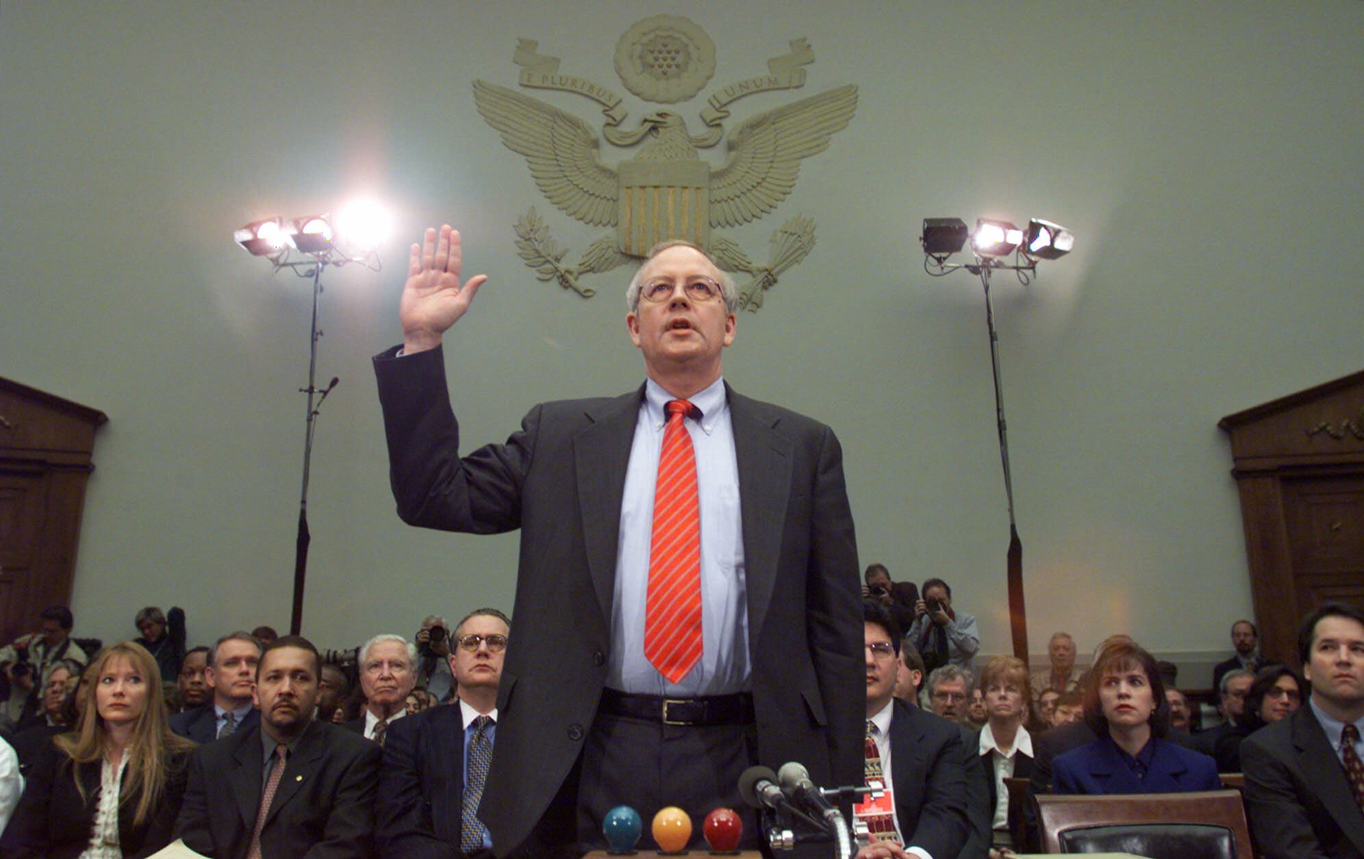 PHOTO: Independent Counsel Kenneth Starr is sworn in on Capitol Hill, Nov. 19, 1998, prior to testifying before the House Judiciary Committee's impeachment hearing.