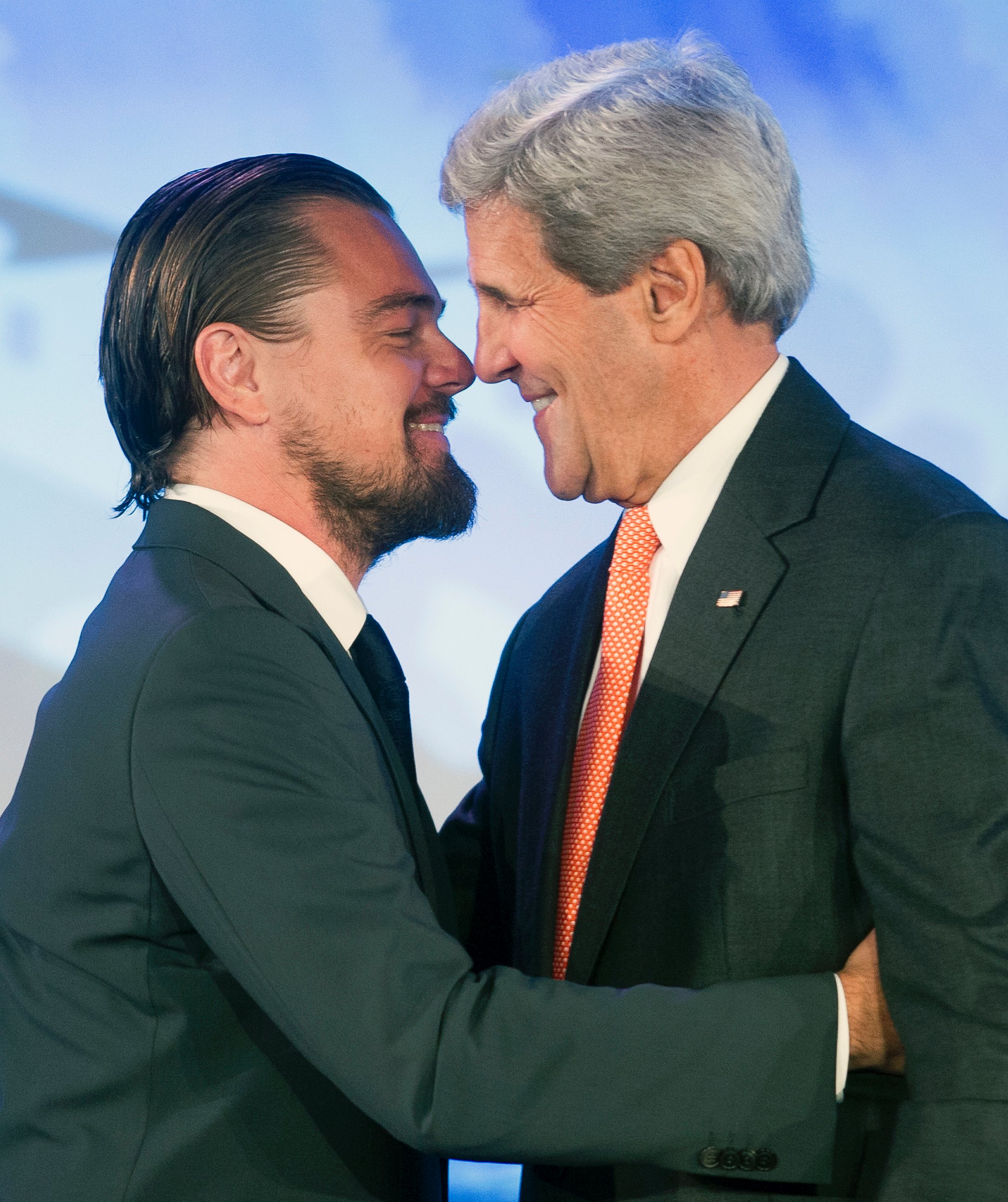 PHOTO: Leonardo DiCaprio hugs Secretary of State John Kerry after Kerry introduced him at the second day of the State Department's 'Our Ocean' conference at the State Department in Washington, June 17, 2014.