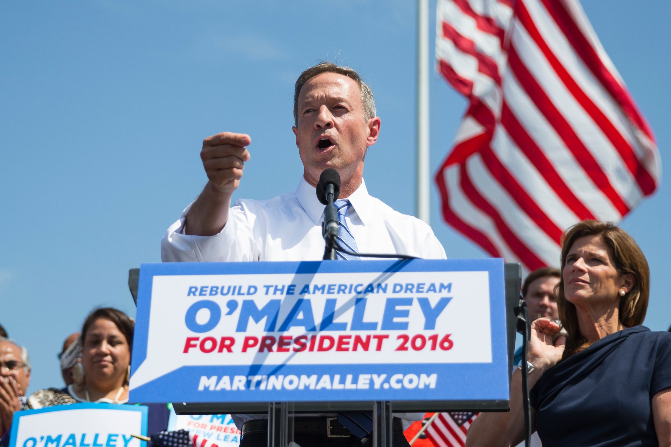 PHOTO: Former Maryland Gov. Martin O'Malley speaks during an event to announce that he is entering the Democratic presidential race, on Saturday, May 30, 2015, in Baltimore, as his wife Katie, right, looks on. 