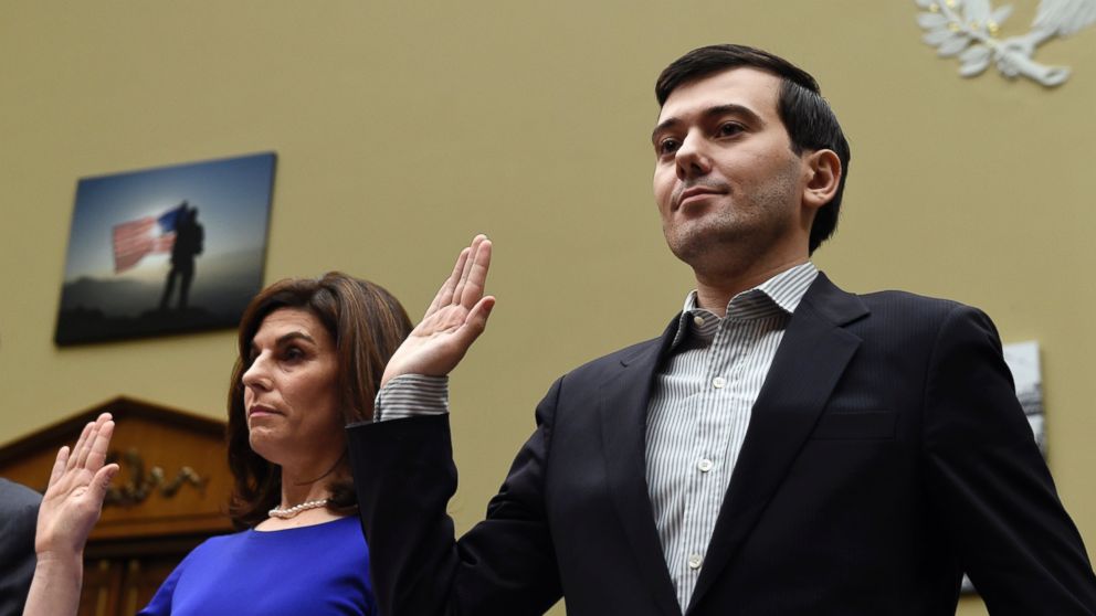 PHOTO: Pharmaceutical chief Martin Shkreli, right, and Nancy Retzlaff, Chief Commercial Officer of Turing Pharmaceuticals, are sworn in on Capitol Hill in Washington on Feb. 4, 2016.