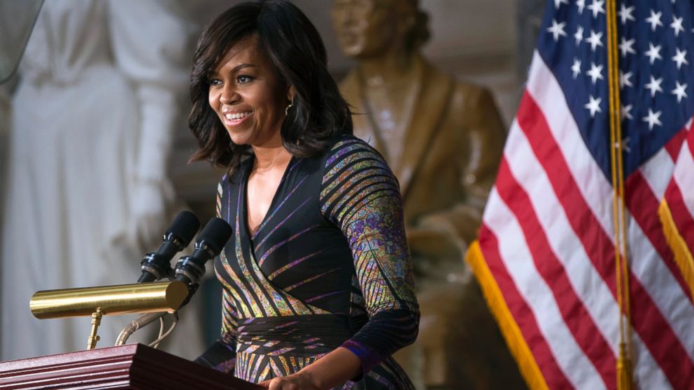 First lady Michelle Obama speaks at a ceremony honoring retired Air Force Brig. Gen. Wilma L. Vaught and women military veterans, at the Capitol in Washington,March 2, 2016.