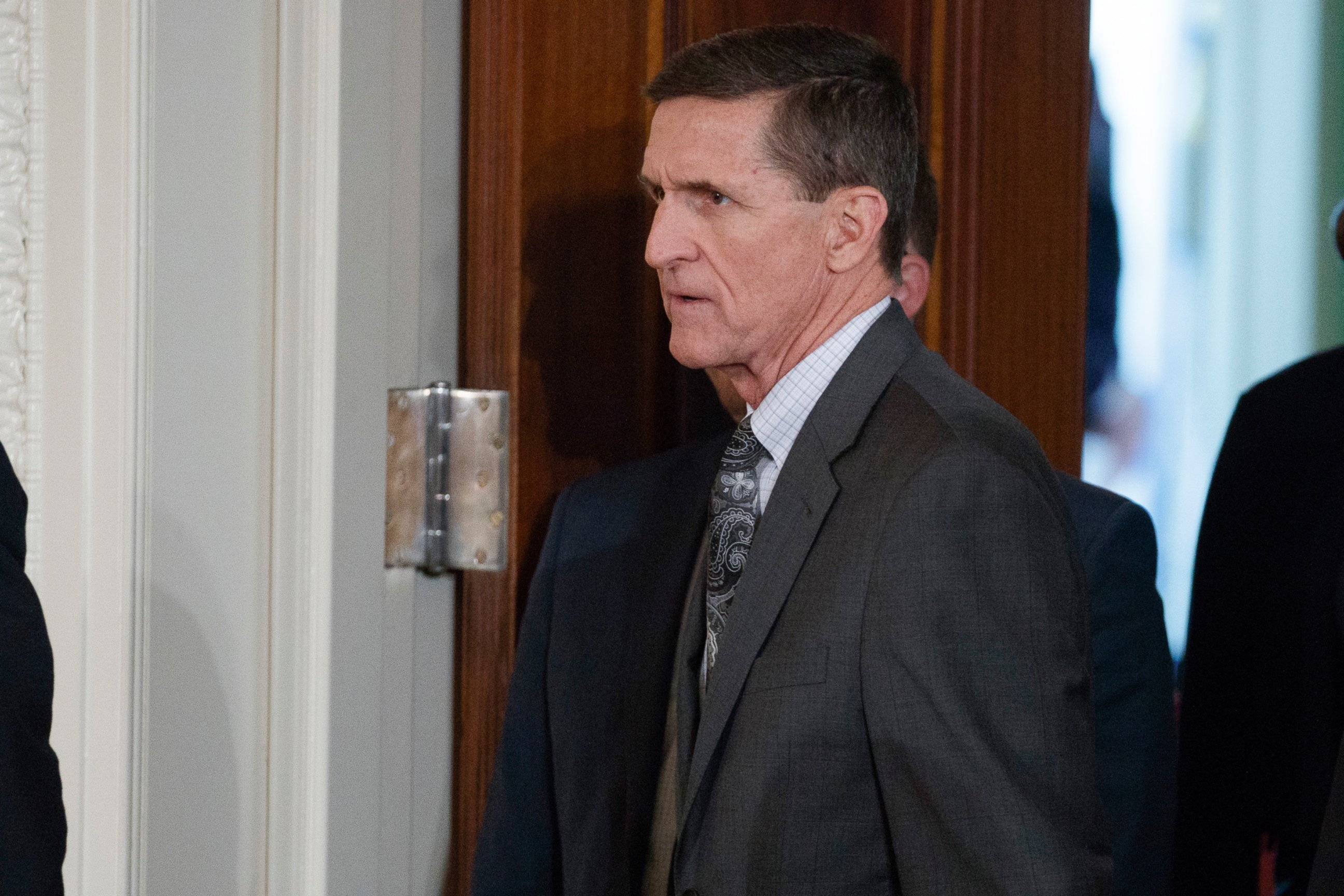 PHOTO: Mike Flynn arrives for a news conference in the East Room of the White House in Washington, Feb. 13, 2017.