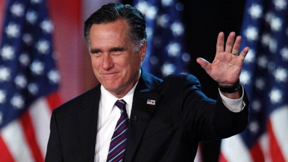 PHOTO: Mitt Romney is pictured waving to supporters at an election night rally in Boston on Nov. 7, 2012.
