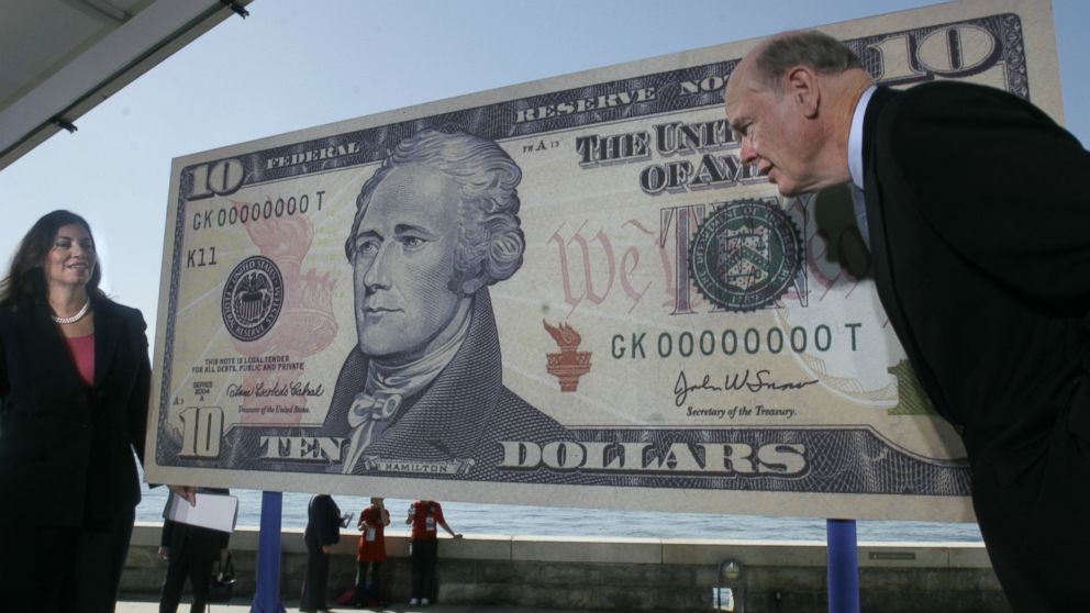 In this  Sept. 28, 2005 file photo Anna Escobedo Cabral, left, Treasurer of the U.S., joins John Snow, Secretary of the U.S. Department of Treasury, at the unveiling of the new $10 note on Ellis Island, in New York harbor.