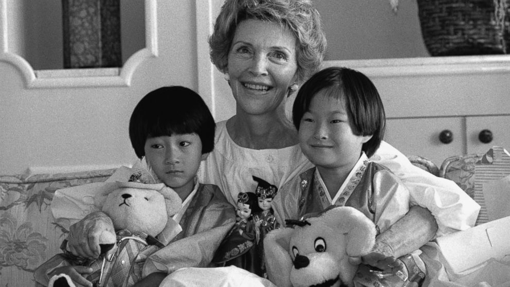 PHOTO: First Lady Nancy Reagan poses with Lee Kil Woo, 5, left, and Ahn Ji Sook, 8, Sept.4, 1984 in Los Angeles. The two Korean children came to the U.S. for heart surgery. 