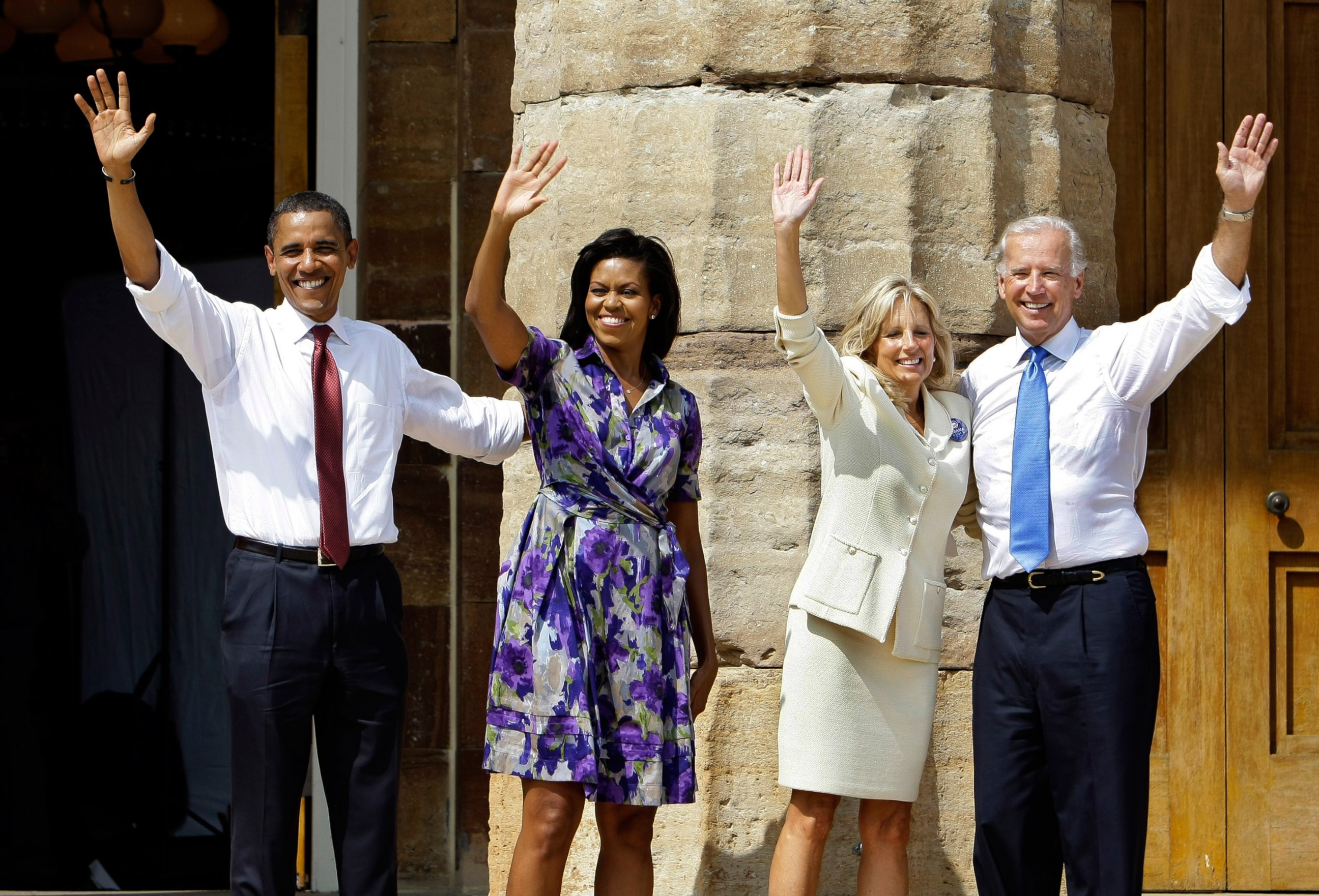 PHOTO: Democratic presidential candidate Sen. Barack Obama, left, with his wife Michelle Obama, Jill Biden, and vice presidential running mate Sen. Joe Biden, wave on the steps in front of the Old State Capitol in Springfield, Illinois, Aug. 23, 2008.