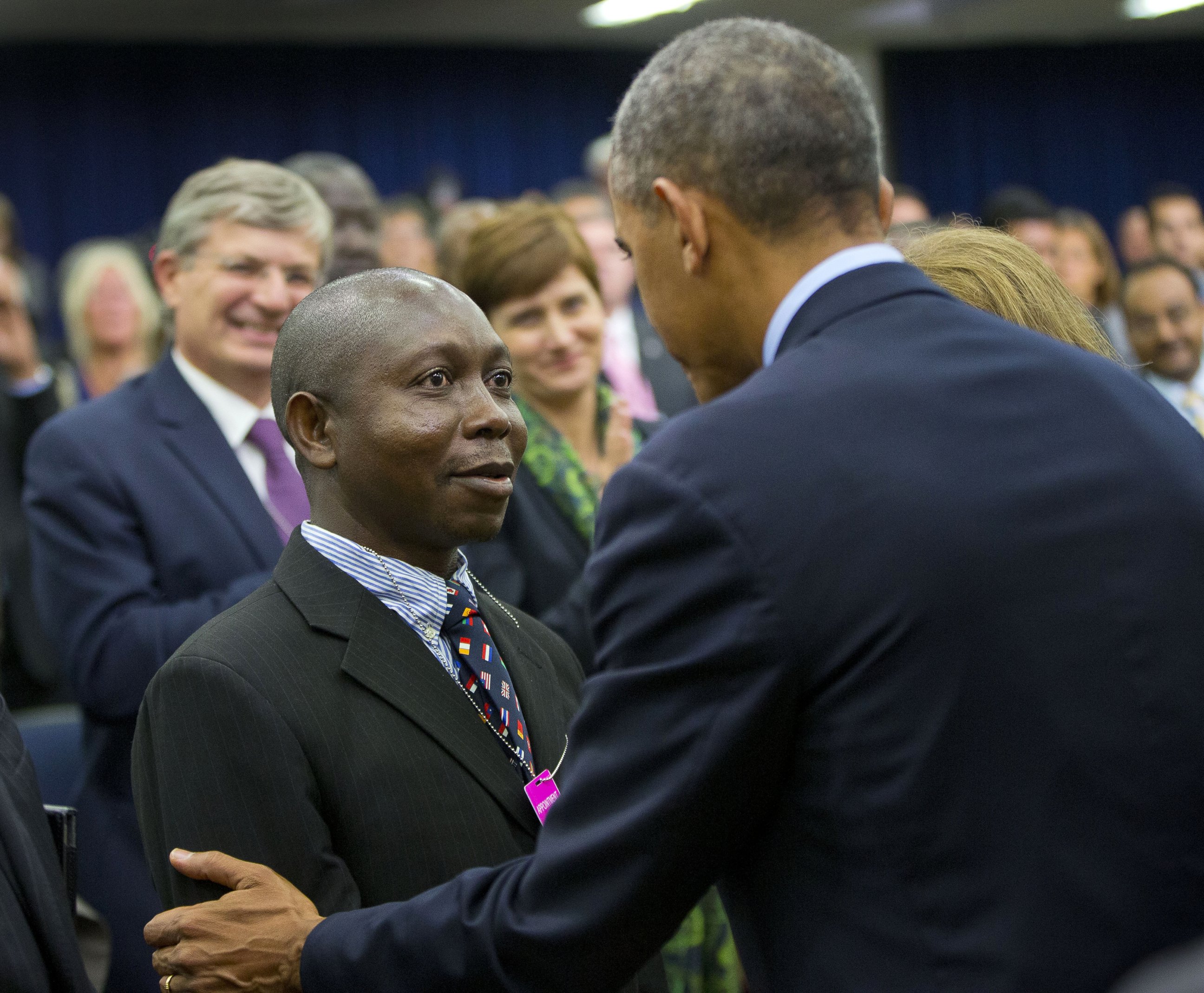 PHOTO: President Barack Obama, right, greets Dr. Melvin Korkor, left, after speaking at the Global Health Security Agenda Summit on Sept. 26, 2014 in Washington, D.C.
